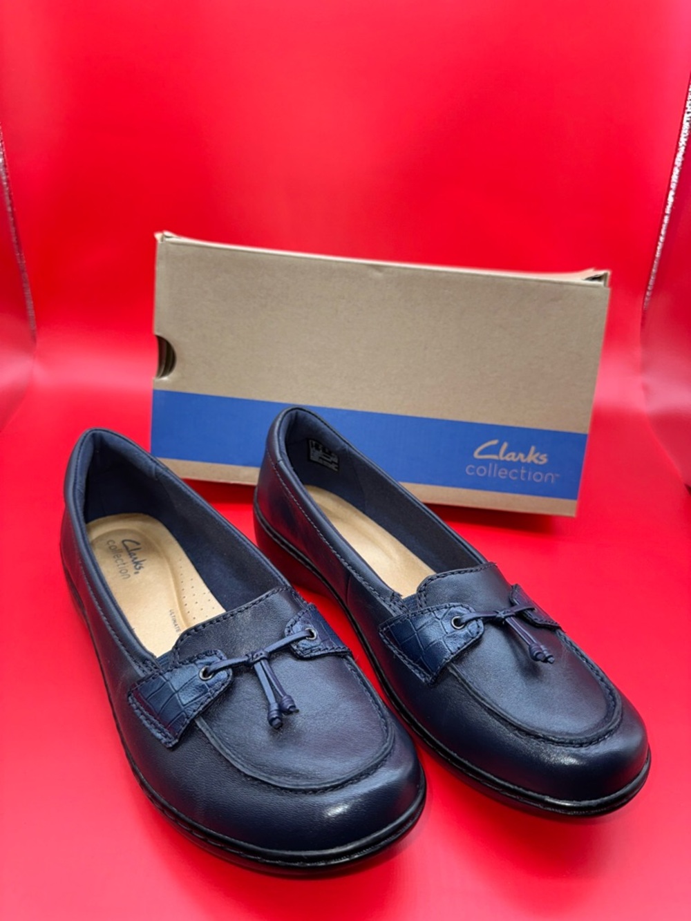 Clarks Navy Leather Slip-On Loafers with Bow Accent